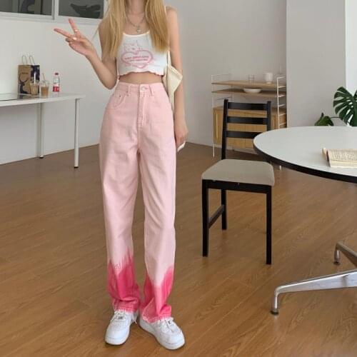 Fashion Street Jean Tie Dye Pink Jeans Women Y2K High Waist Loose Straight Denim Pants Full Length Wide Leg Trousers Female P13