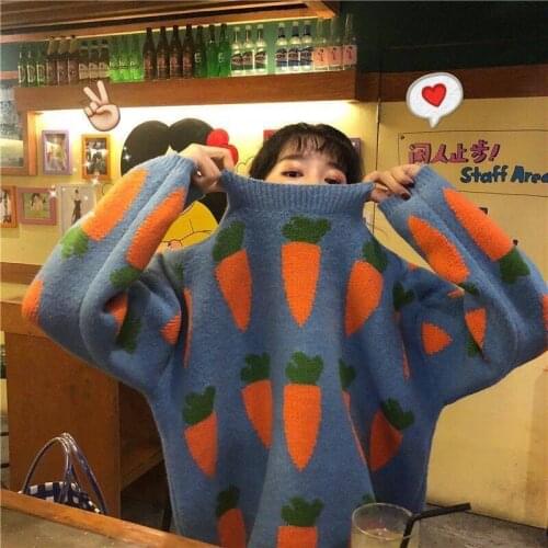 New fashion Autumn Womens Loose Sweaters Kawaii Ulzzang Radish Embroidery Harajuku Clothing Jumpers for Women Yellow Females