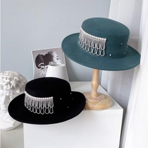 New French Elegant Top Hat 100% Wool Fedoras Hats For Women Pearl Rhinestone Tassels Grace Panama Jazz Hat Wedding Church Hat