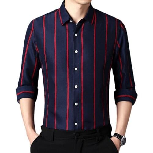 QJ CINGA New Red Stripe Shirt Men Single Breasted Lapel Blue Shirt White Black Grey Green Camisa Large Size Men Chemise S-5xl