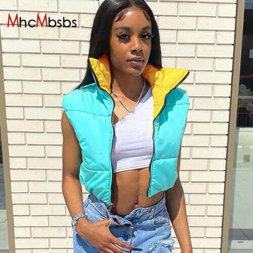 Autumn Cute Women Pink Puffer Vest Jackets Sleeveless Bubble Coats Parkas Down High Waisted Reversible Cotton Cropped Parkas