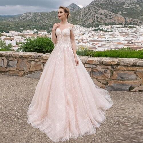 Shiny Pink Wedding Dresses Vestidos De Noiva Half Sleeve Buttons Up Back Pearls Appliques Bridal Gowns Mariage