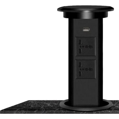 Smart QI Wireless Fast Charger Automatic Pop Up Lifting Socket with 2 Universal Outlets and 1 USB Port Tempered glass Top