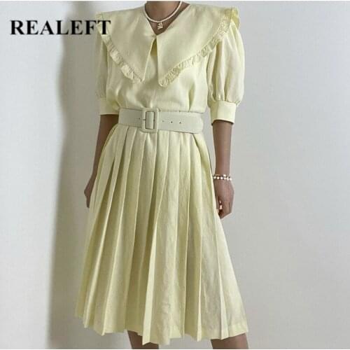 REALEFT Summer 2021 New Puff Sleeve Chic Elegant Womens Dresses Korean Style Loose Straight A-line Pleated Midi Dress Ladies