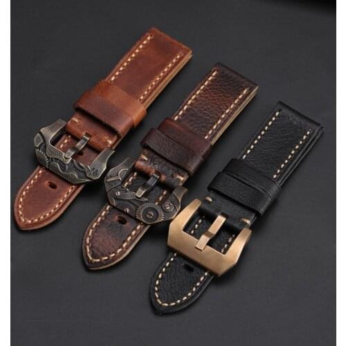 Handmade Bronze Buckle Strap, Mechanical Punk Style First Layer Leather Watchband 20 22 24 26MM For PAM Male Leather St