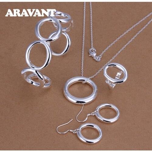 Wedding Jewelry Set 925 Silver Fashion Round Circle Necklace Bangle Ring Drop Earrings Set For Women