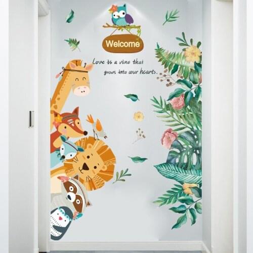 [SHIJUEHEZI] Cartoon Animals Wall Stickers DIY Leaves Mural Decals for Kids Rooms Living Room Kitchen Door Home Decoration