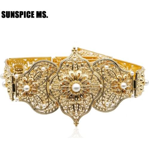 Sunspicems Caucasus Caftan Belt for Women Antique Gold Color Women Ethnic Bridal Dress Jewelry Big Size Buckle Adjustable Length