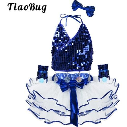 TiaoBug Kids Girls Modern Jazz Dance Costumes Sequins Crop Top with Mesh Tutu Dancing Dress Outfit for Child Stage Performance