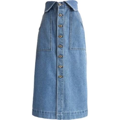 Spring Summer 2021 New Denim high waist Skirts Single-Breasted High Waist Midi Skirt a-line