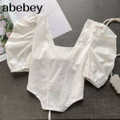 Women Korean Retro Solid Blouse Sweet Puff Sleeve Square Collar Tops 2021 Summer Fashion Streetwear Short Blouses