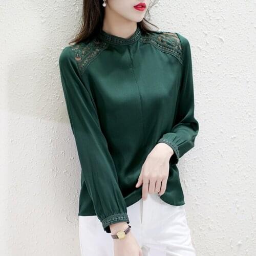 Silk shirt womens long-sleeved high-end temperament lace collar loose casual Korean shirt