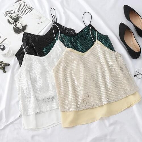 2019 New Summer Streetwear Sequined Camis Sexy V-Neck Patchwork Chiffon Tanks Women Sweet Slim Loose All-Match Short Tops Mw679