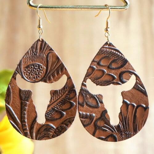 Real Leather Cutout Tauren Earrings for Women Fashion Emboss Floral Leather Earrings Ethnic Jewelry Wholesale