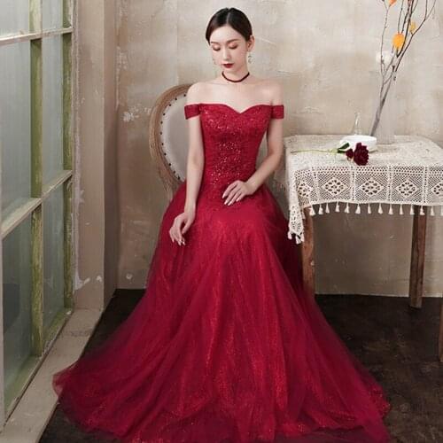 Women Off-shoulder Long Tulle Evening Dresses Elegant Sequins Prom Dress Formal Gowns vestidos Ladies Toast Clothing