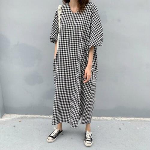 2020 Oversized Women Summer Cotton Plaid Long Loose Dress V Neck Puff Sleeve Split Hem Pullover Casual Dresses Pocket