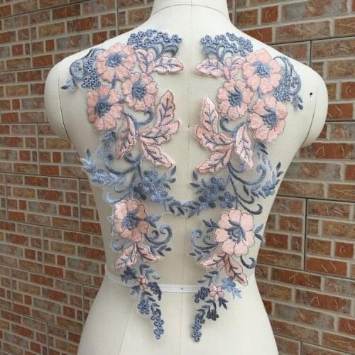 10Pair Grey&Pink Embroidered Lace Applique Fabrics Embroidery Lace Collar Trims Wedding Bridal Appliques For Stage Costume Dress