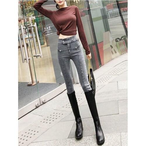 2021spring Autumn Women Stretch High Waist Jeans Lady Skinny Slim Button Washed Trousers Female Casual Denim Pencil Pants O226