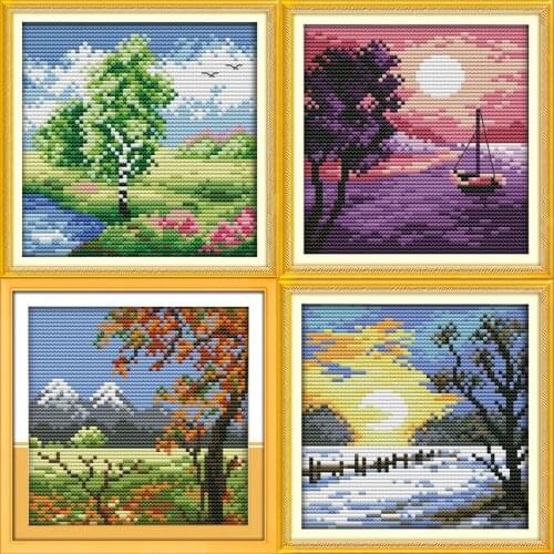 The Four Seasons in the Countryside Counted DMC 14CT and 11CT Landscape Cross Stitch Kits for Embroidery Home Decor Needlework