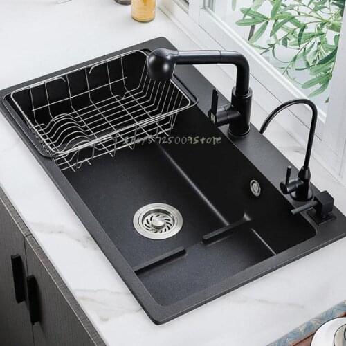 Quartz Stone Sink, Large Single Bowl, Granite Sink, Stepped Black Kitchen Countertop, Thickened Dishwashing High And Low Sink