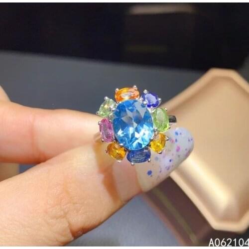 KJJEAXCMY fine jewelry 925 sterling silver inlaid natural Blue Topaz color sapphire Women classic fresh adjustable gem ring supp