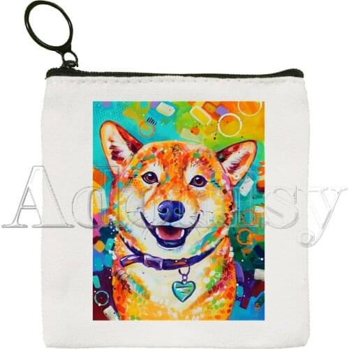 Shiba Inu Dog Japanese Print Funny Animal Cute Solid Color Canvas Coin Purse Small Fresh New Zipper Key Bag Hand Gift Bag