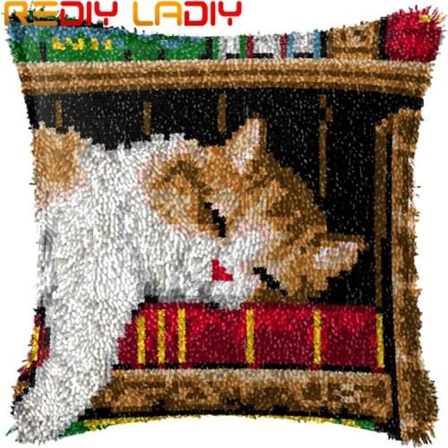 Latch Hook Cushion Sleeping Kitten Pillow Case Printed Color Canvas Acrylic Yarn Latched Hook Pillow Crochet Cushion Cover Kits