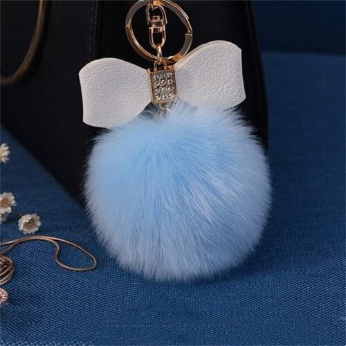 Multicolor pompoms keychain cute children and ladies gift accessories rhinestone inlaid PU bowknot keychain car bag pendant