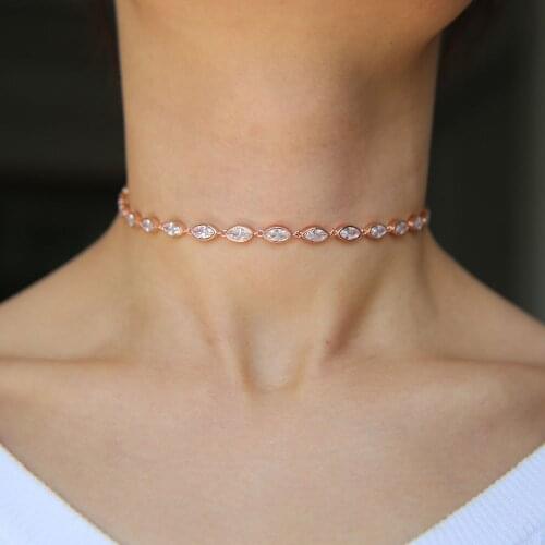 Fashion rose gold color jewelry bezel marquise cz link chain choker wedding gift cz 33+7cm short chocker necklace