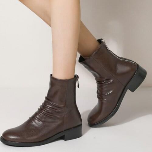 Fashion Pleated Women Western Boots Faux Leather Zipper Ankle Boots Comfort Low Square Heel Autumn Winter Short Boots Woman