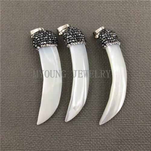 MY0483 Natural Horn Tusk Pearl Shell Pendant,Spike Paved Rhinestone Cap Pendant for Necklace Making