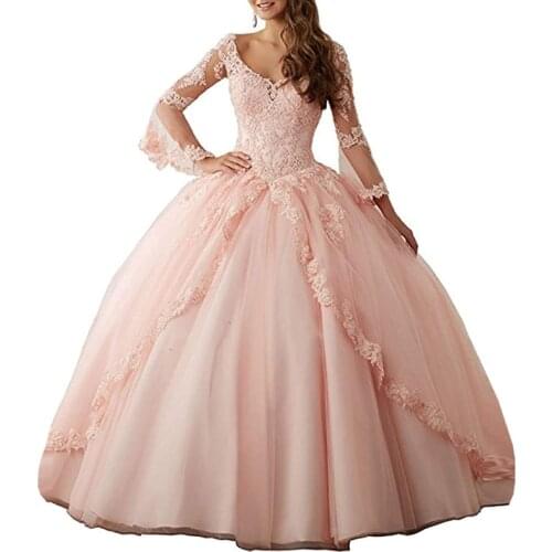 Vestido de fiesta Deep V Neck Girls Sweet 16 Quinceanera Dresses Long Sleeves Pink Princess Prom Dress Ball Gown Wedding Dress