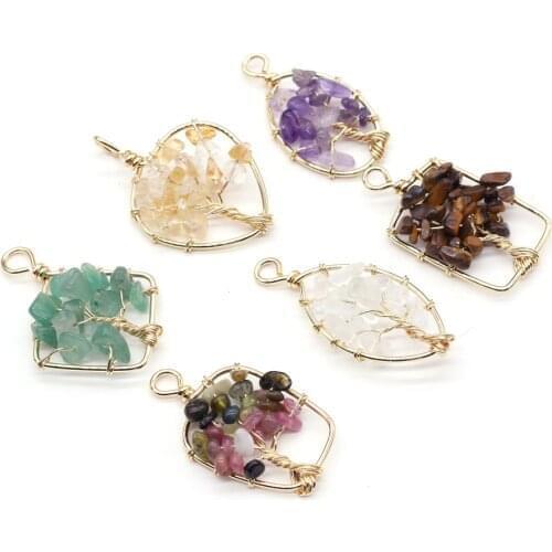 Natural Crushed Stone Amethysts Tiger Eye Stone Pendant Copper Wire Winding Tree Shape Pendants For Women Jewelry Making 20-40mm