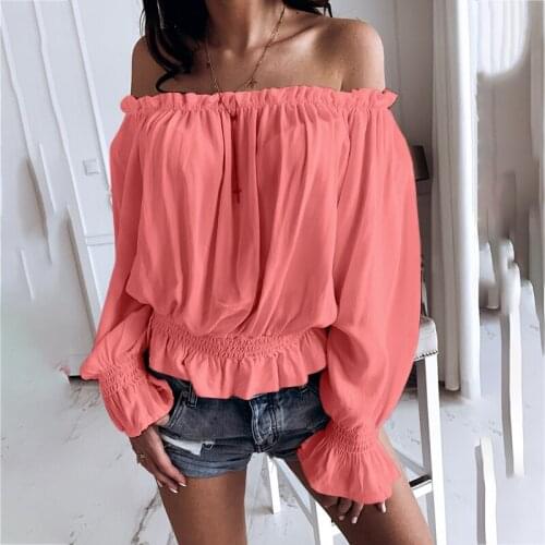 Spring and Autumn Off The Shoulder Ruffle Long Sleeve Pink Blouse Ladies Loose Solid Color Plus Size Y2K Clothes Shirts