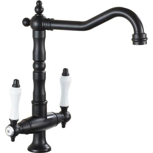 Brass Black Kitchen Faucets Deck Mounted Mixer Tap 360 Rotation with 2 Hoses Cold and Hot Mixer Tap Crane For Kitchen