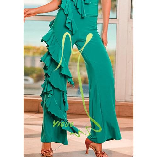 Dance Latin dance clothing bellbottoms Latin dance clothing unilateral lotus leaf micro practice dance pants P10018