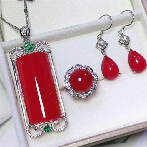 Jadery 925 Sterling Silver Jewelry Sets Natural Red Chalcedony Jade Necklace/Earrings/Ring Women Jewelry Gift Black Friday Deals