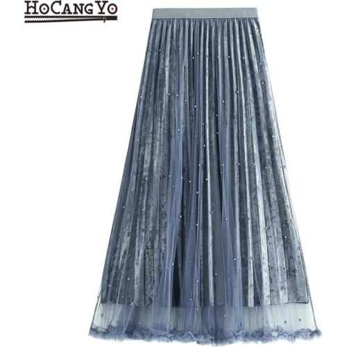 2020 New Autumn Winter Velvet Skirt Women High Waisted Skinny Large Swing Long Pleated Skirts Metallic 11 Colors Midi Saia