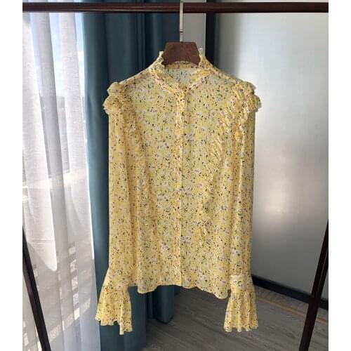 Women Shirt Yellow Flower Ruffled Shirt Trumpet Sleeve Long Sleeve Shirt