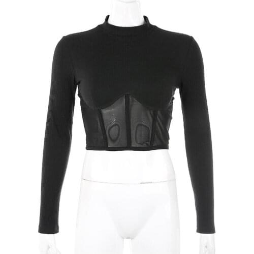 Autumn turtleneck stitching mesh sexy long sleeve navel T-shirt women