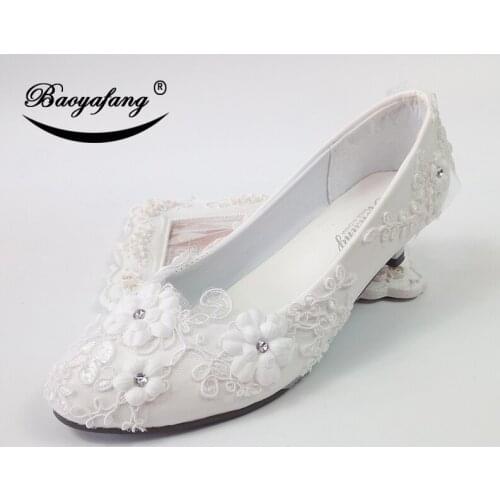 BaoYaFang 2019 New arrival White flower Party Heeled Shoes Woman High Heel Pumps Ladies Wedding shoes round toe Patent leather