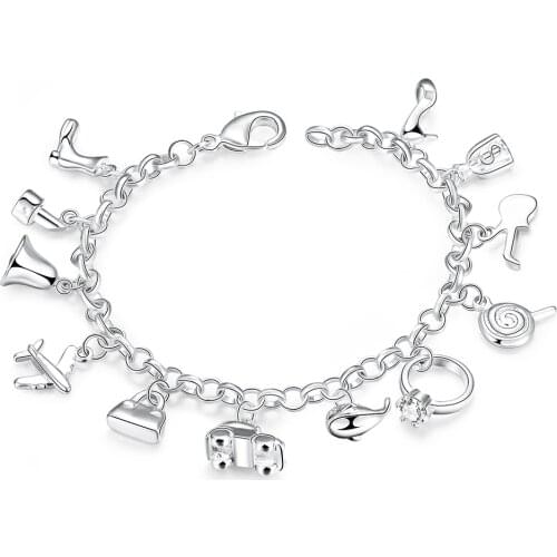 Pretty Bracelets 925 Sterling Silver AAA Zircon Crystal Bracelets 12 Pendants Charms Bangles For Woman New Fashion Jewelry