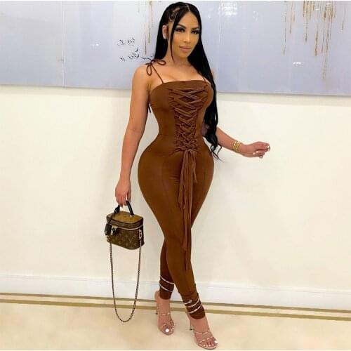 Lace Up Drawstring Skinny Rompers Womens Jumpsuit Bow Tie Spaghetti Strap Sleeveless Club Outfit Summer Bandage Bodycon Overall