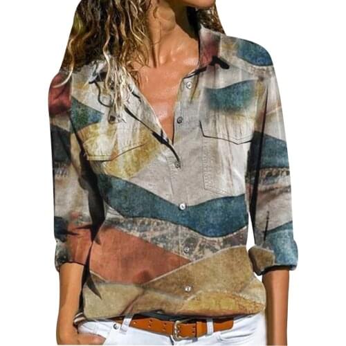 Womens vintage Tops Funny Print Lapel Button Shirt Long Sleeve Blouse Camicette S-5xl taglie forti per donna 2021 top