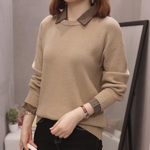 Plus Size Plaid Patchwork Knitted Sweaters Women 2020 Autumn Winter Fashion Loose Korean Style Ladies Pullovers Jumpers Oversize