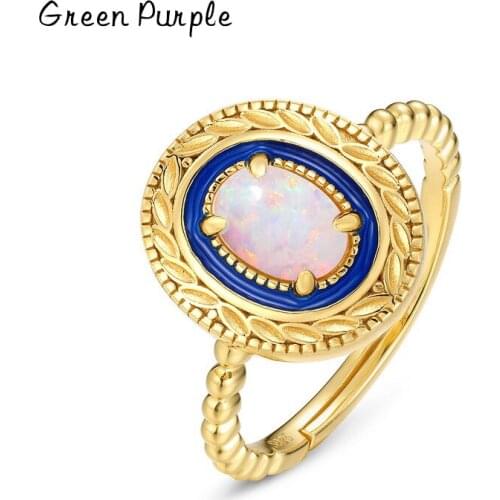 Green Purple Rings Sterling Silver 925 For Women Trendy Vintage Enamel Opal Gothic Adjustable Ring Fine Jewellery Gift