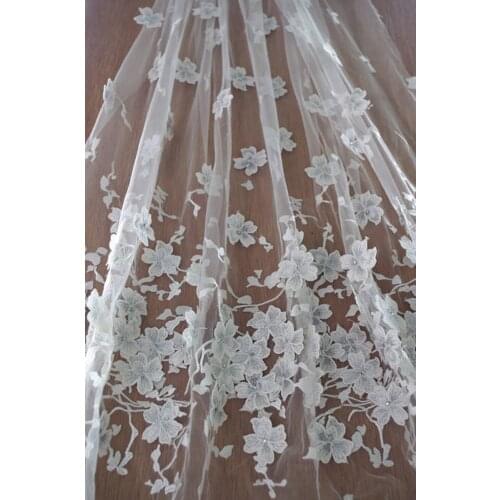 1 yard Off White Lace Fabric Mesh Lace Fabric With Rhinestone 3D Flowers For Haute Couture Dress