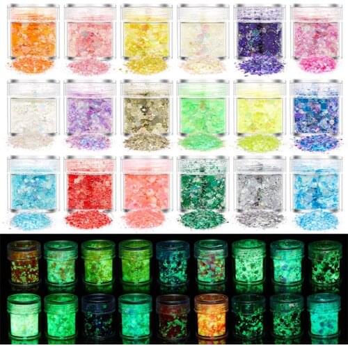 18/24 Color Glitter Powder Sequins Luminous Holographic Chunky Glitter Sequins for Resin Crafts Filler Body Face Nail Art Decora