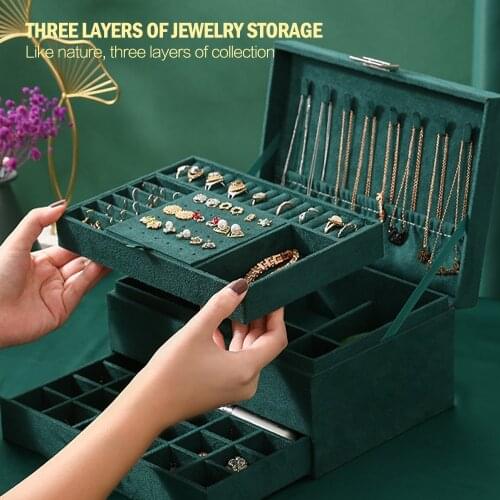 3 Layers Green Stud Jewelry Organizer Drawer Large Ring Necklace Makeup Holder Cases Velvet Jewelry Box With Lock For Women