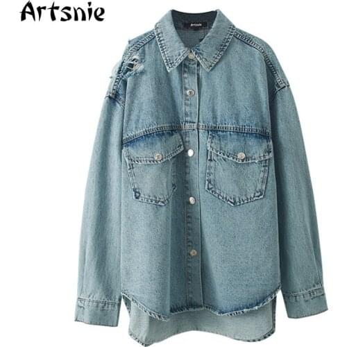 Artsnie Spring 2021 Vintage Denim Coat Women Turn Down Collar Long Sleeve Hole Streetwear Jeans Oversized Coats Jackets Femme